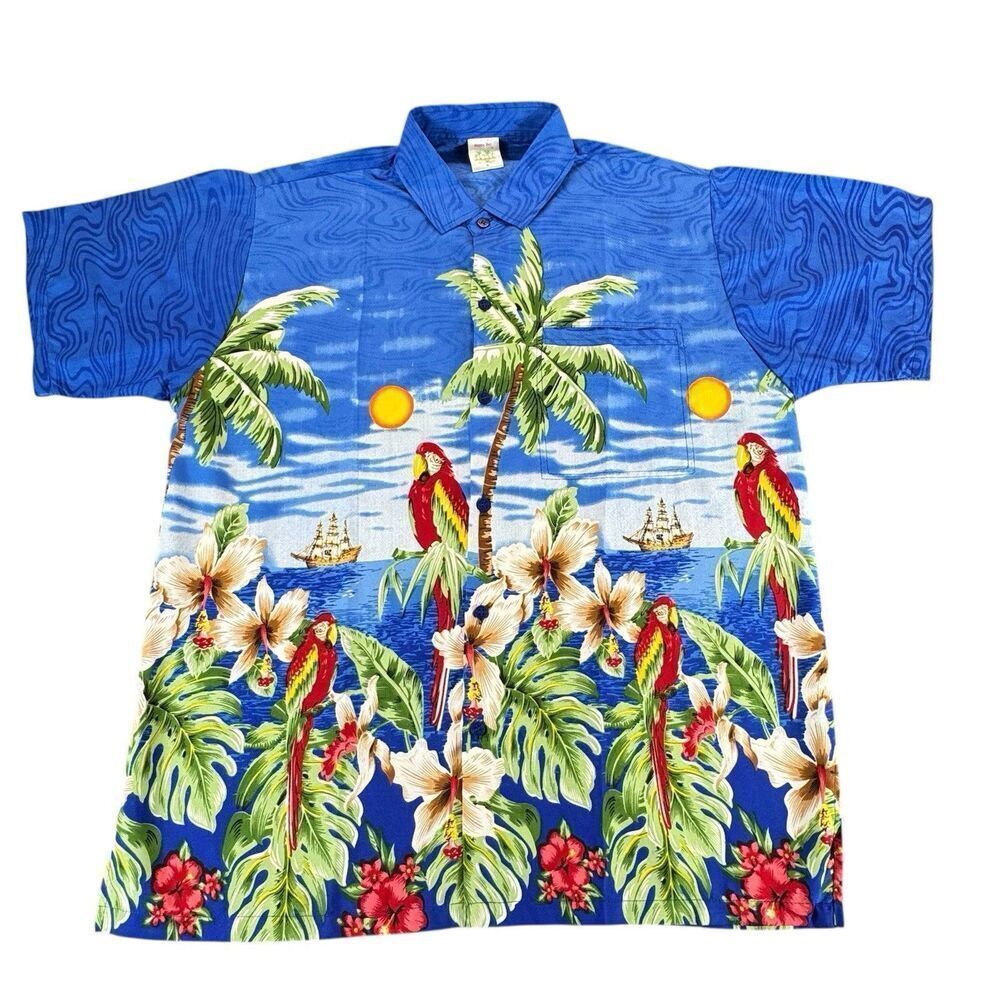 Happy Bay Men M Hawaiian Button Up Shirt Tropical Palm Parrots Beach Pirate Ship